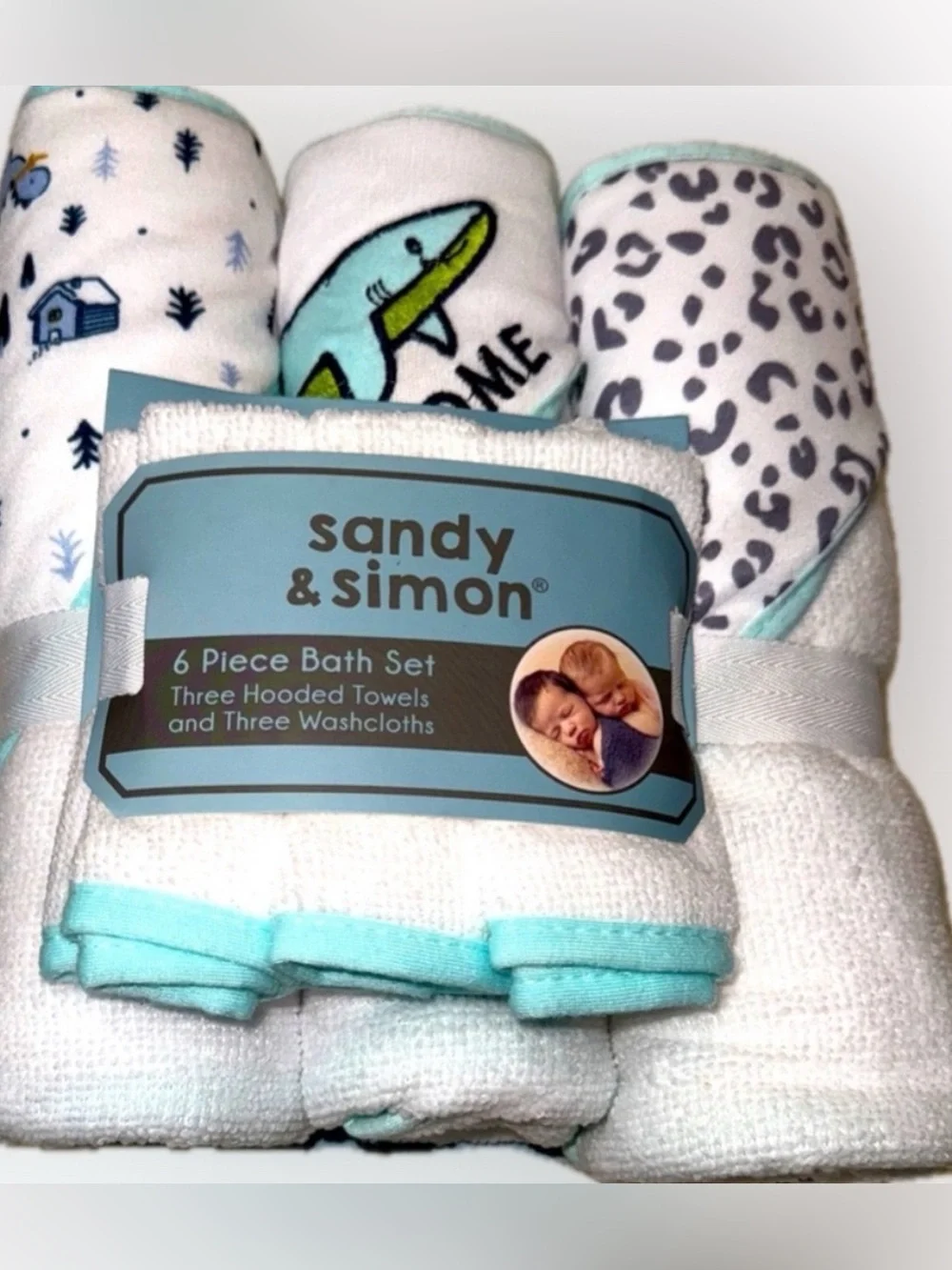 Baby Hooded Bath Towels Washcloths 6 Piece Set NWT Baby Sharks Unisex Boys Girls